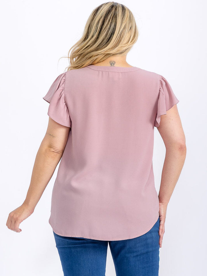 PLUS SIZE SHORT SLEEVE V-NECK CROCHET DETAILED HIGH-LOW BLOUSE