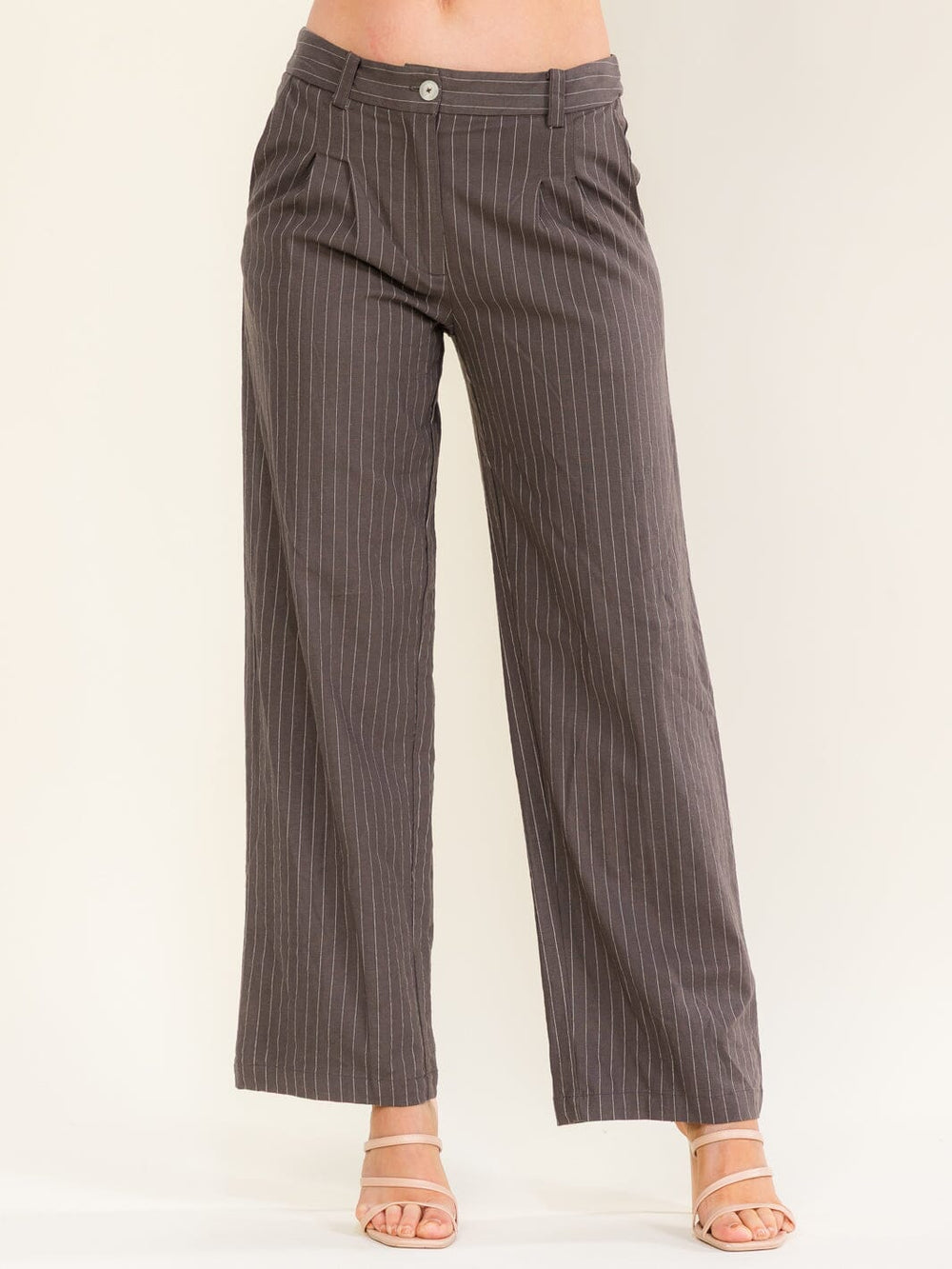 WOMEN'S BUTTON CLOSURE POCKETS STRIPES STRAIGHT LEG PANTS