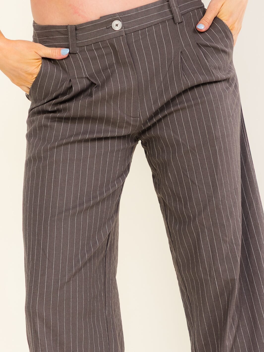 WOMEN'S BUTTON CLOSURE POCKETS STRIPES STRAIGHT LEG PANTS