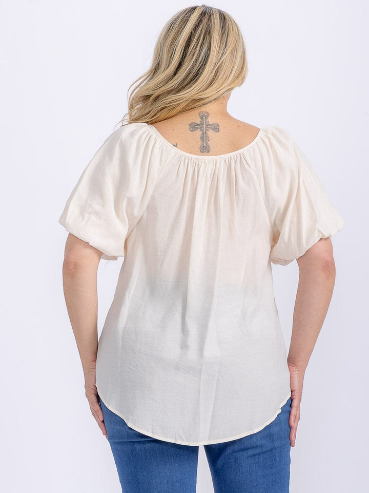PLUS SIZE SHORT PUFF SLEEVE V-NECK HIGH-LOW EMBROIDERY BLOUSE