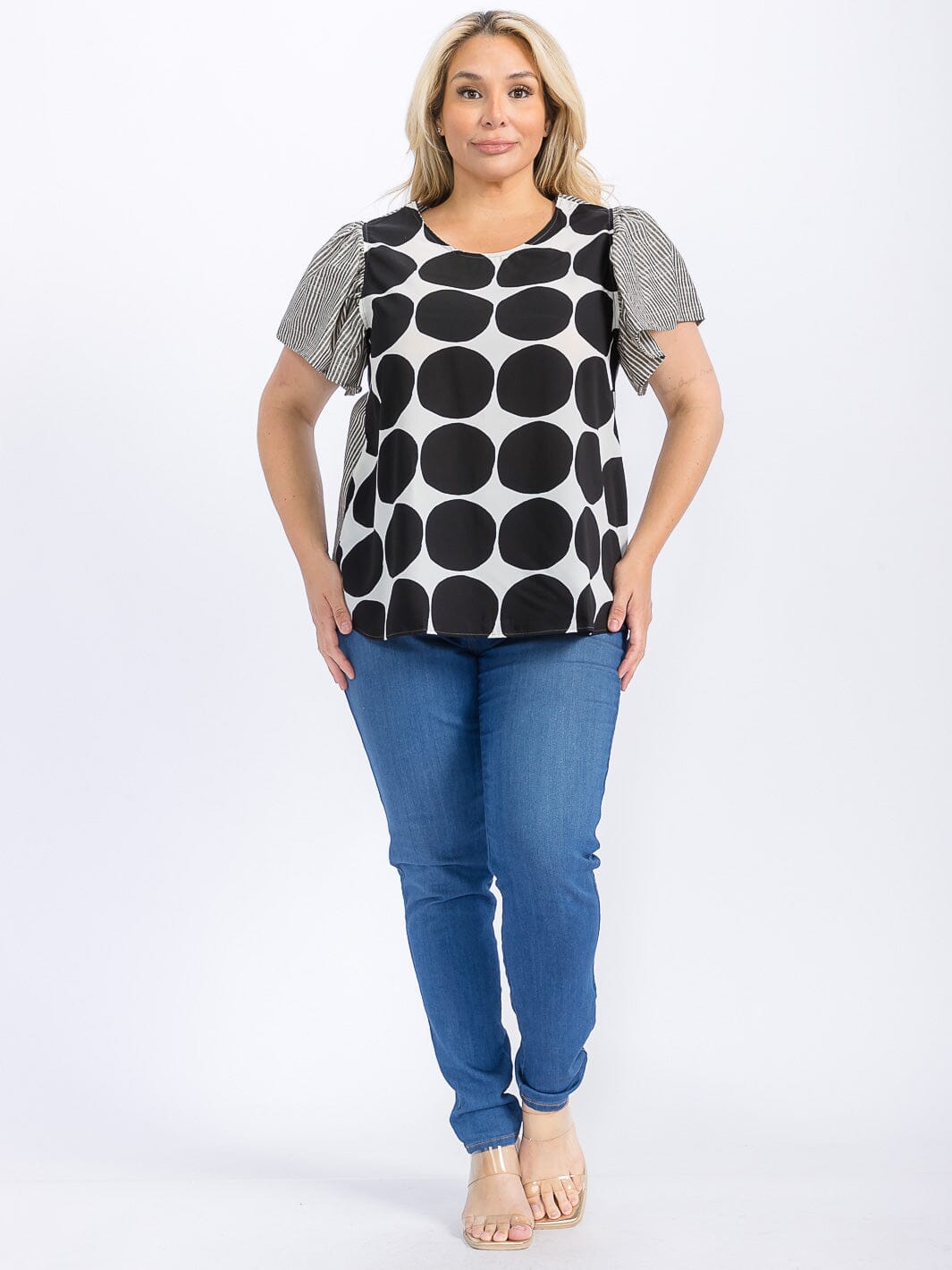 PLUS SIZE SHORT SLEEVE CONTRAST PRINTED BLOUSE