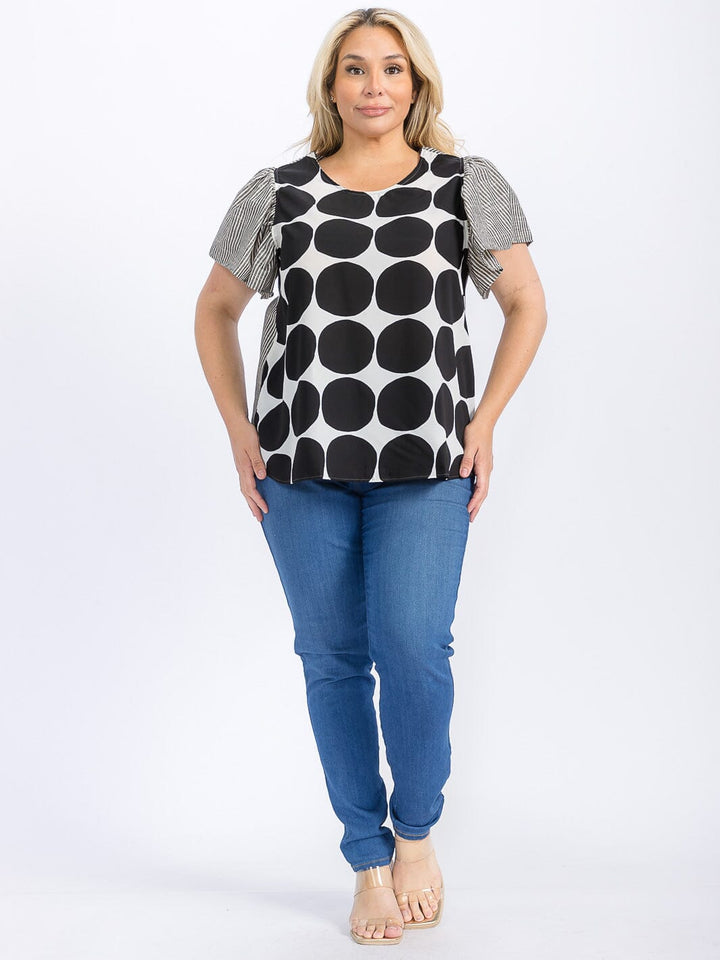 PLUS SIZE SHORT SLEEVE CONTRAST PRINTED BLOUSE
