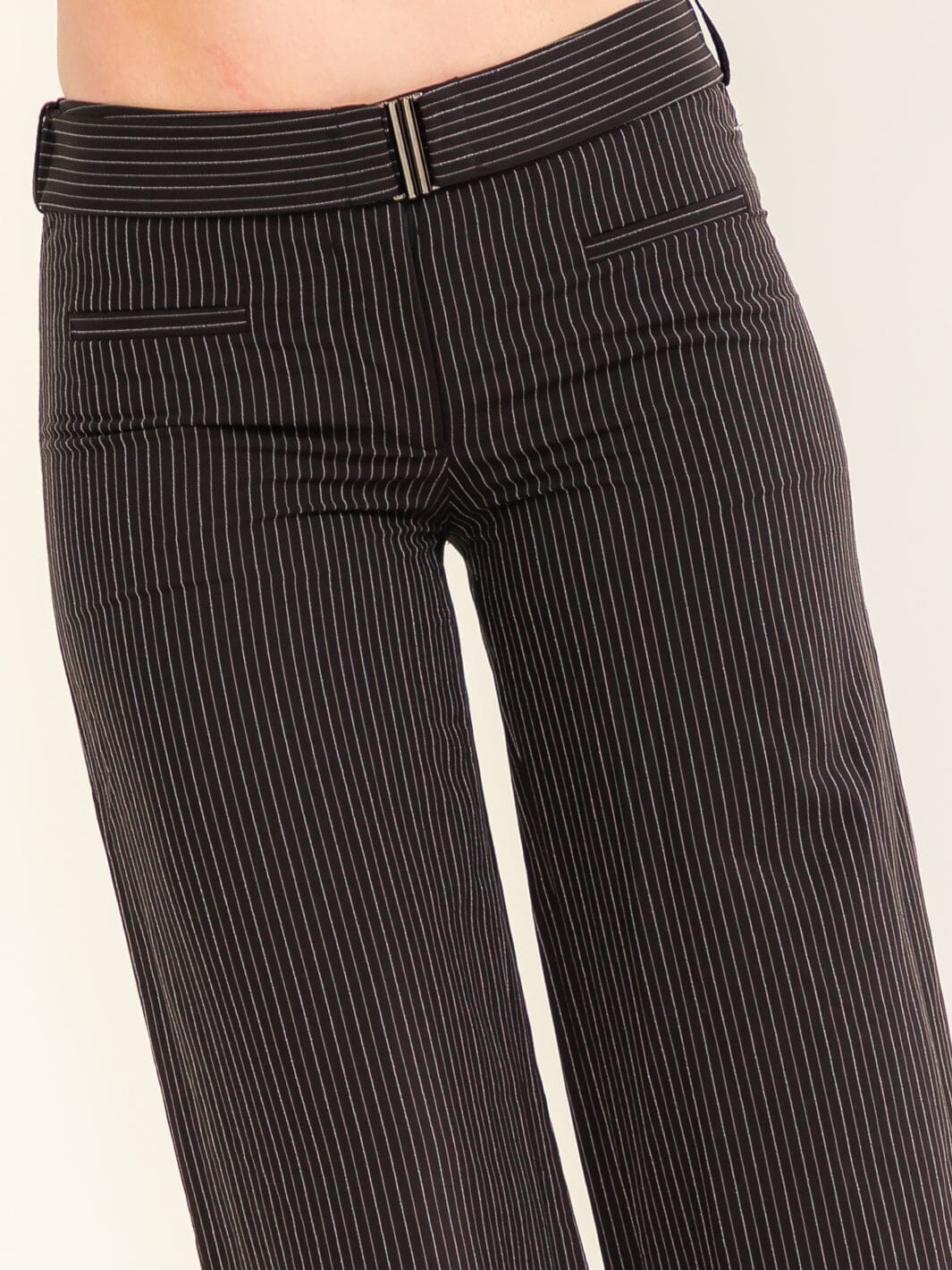 WOMEN'S BUTTON CLOSURE BELTED STRIPES STRAIGHT LEG PANTS