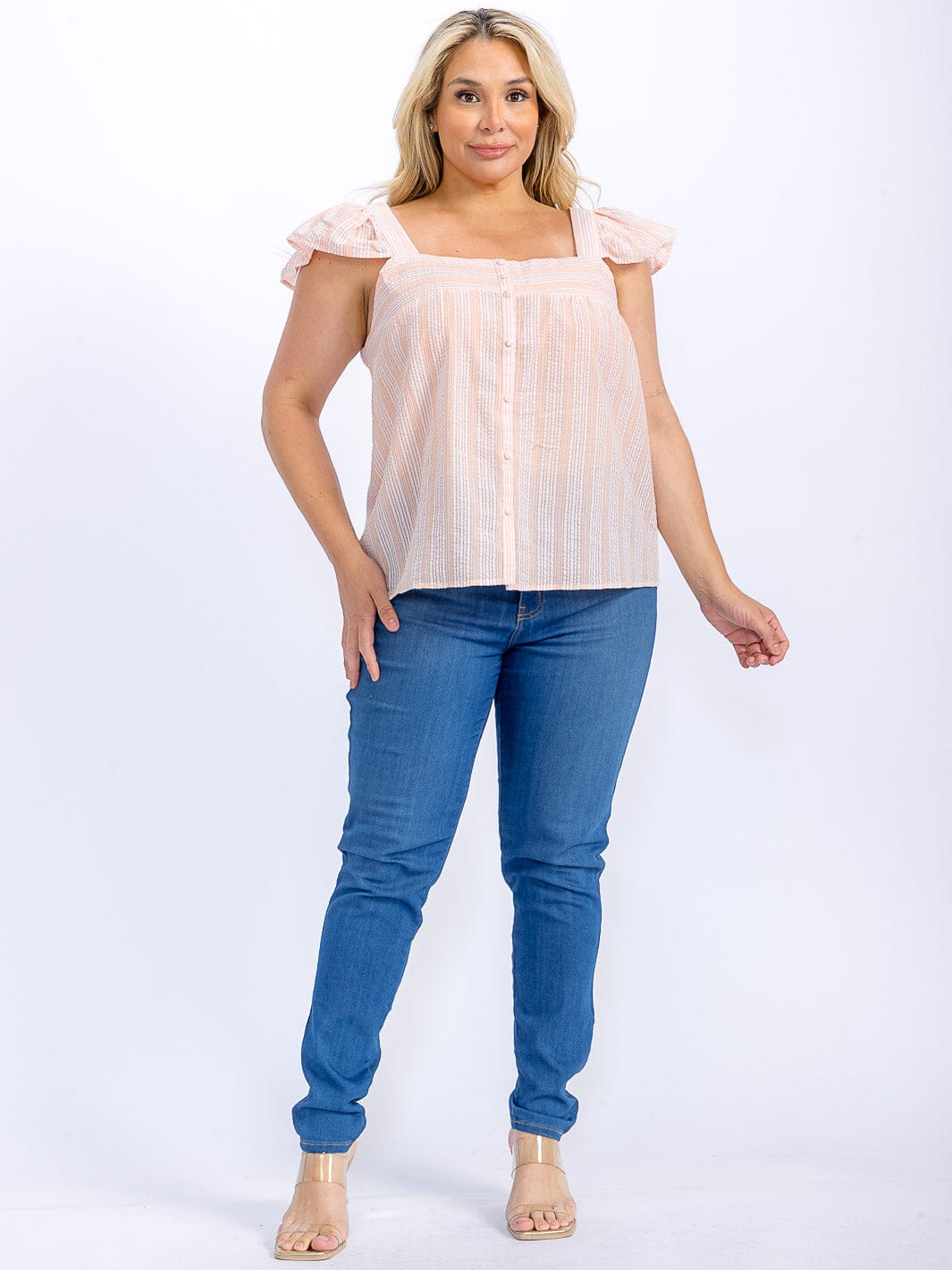 PLUS SIZE SLEEVELESS BUTTON UP STRIPES TANK TOP