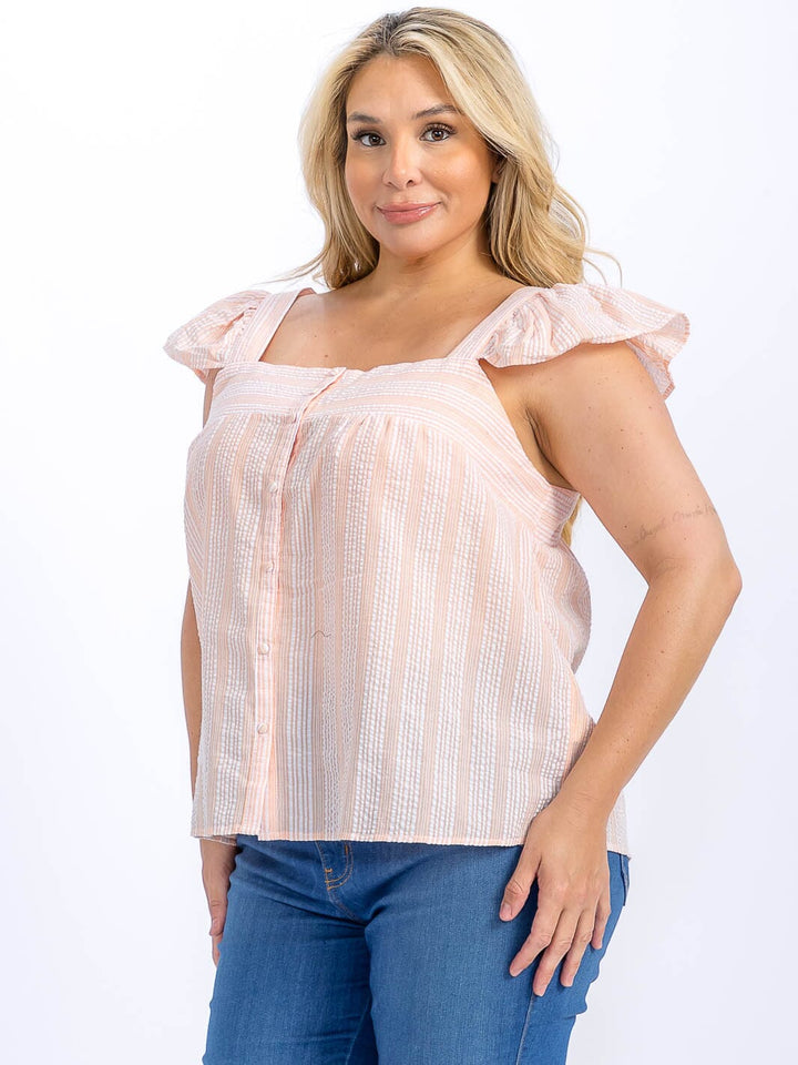 PLUS SIZE SLEEVELESS BUTTON UP STRIPES TANK TOP