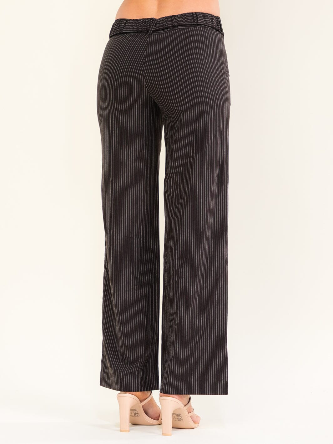 WOMEN'S BUTTON CLOSURE BELTED STRIPES STRAIGHT LEG PANTS