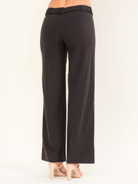 WOMEN'S BUTTON CLOSURE BELTED STRIPES STRAIGHT LEG PANTS
