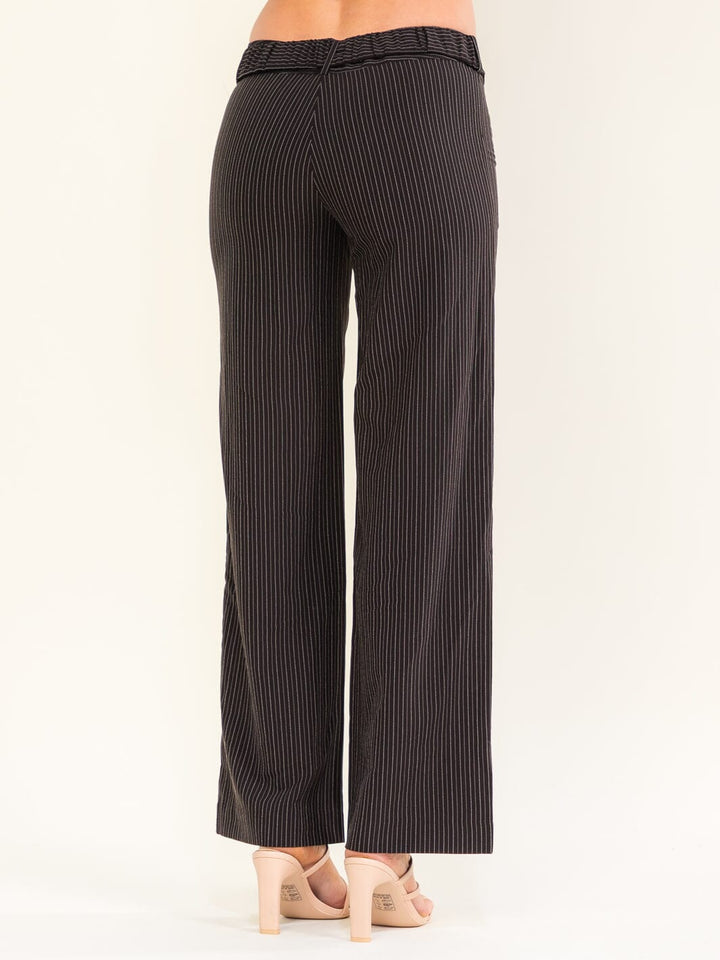 WOMEN'S BUTTON CLOSURE BELTED STRIPES STRAIGHT LEG PANTS