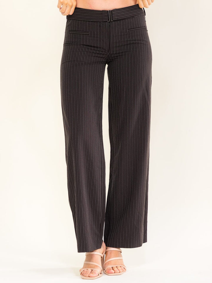 WOMEN'S BUTTON CLOSURE BELTED STRIPES STRAIGHT LEG PANTS