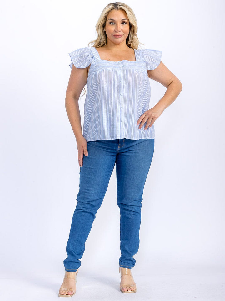 PLUS SIZE SLEEVELESS BUTTON UP STRIPES TANK TOP