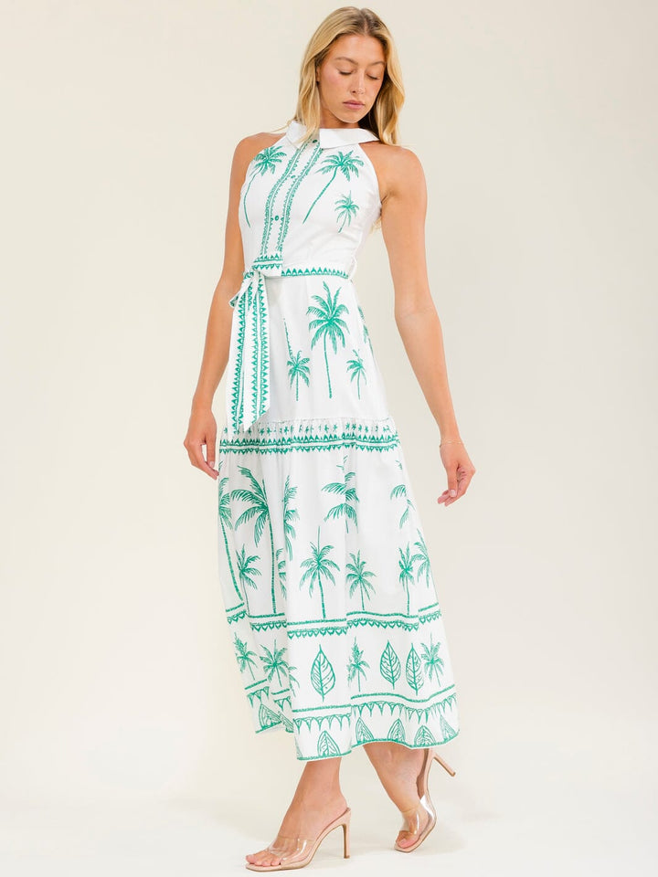 WOMEN'S SLEEVELESS HALTER NECK SELF TIE MULTI PRINT MAXI DRESS
