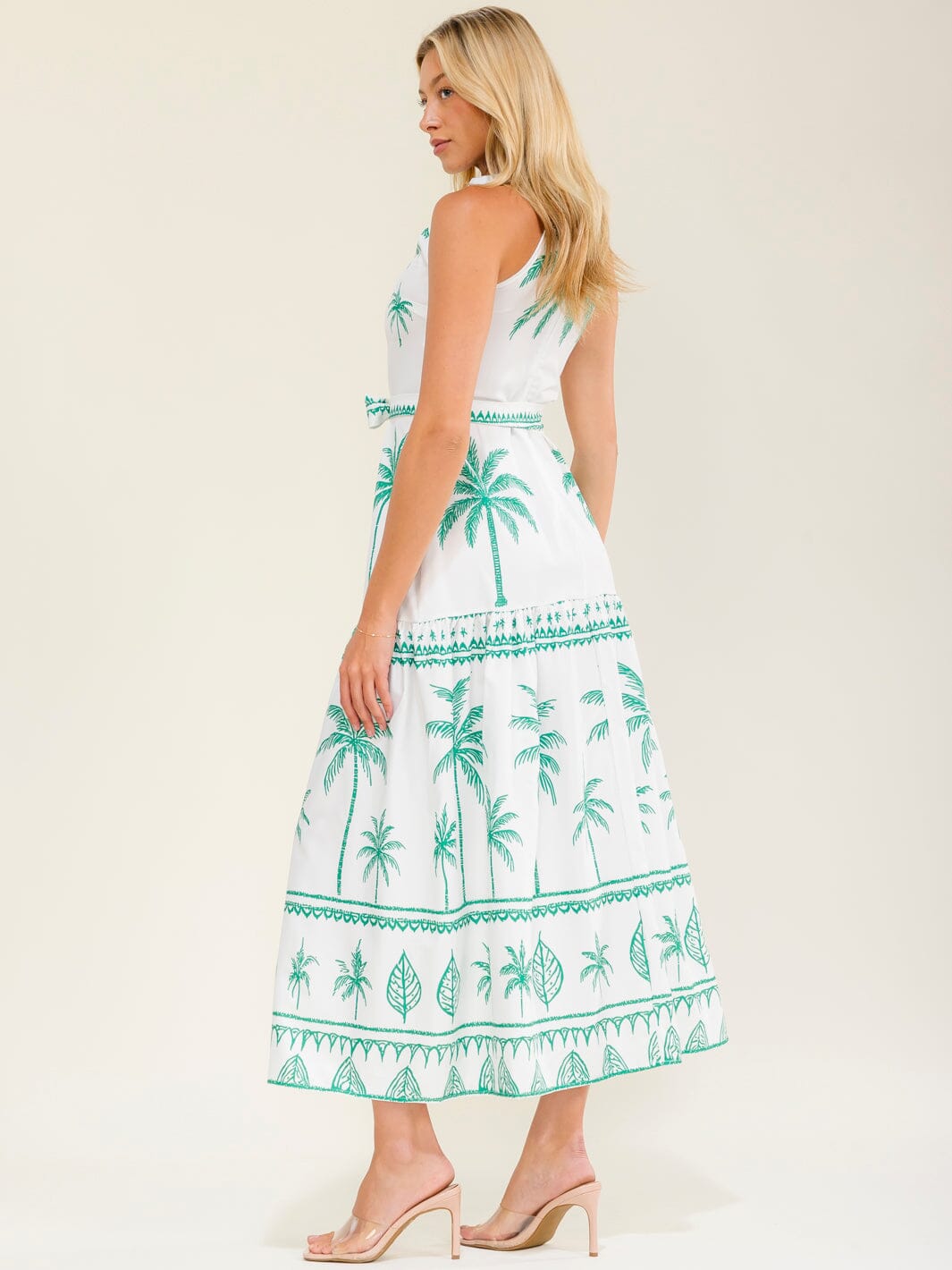 WOMEN'S SLEEVELESS HALTER NECK SELF TIE MULTI PRINT MAXI DRESS