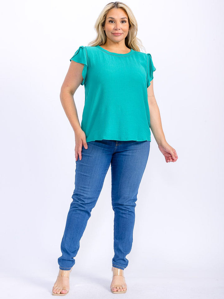 PLUS SIZE SHORT SLEEVE TRIM DETAILED BACK BUTTONS HIGH-LOW BLOUSE