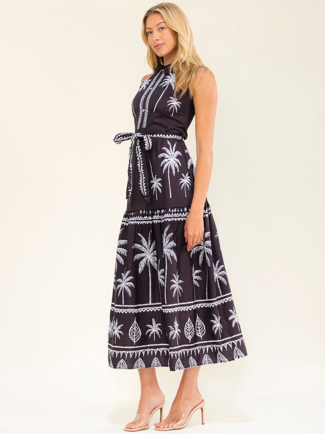 WOMEN'S SLEEVELESS HALTER NECK SELF TIE MULTI PRINT MAXI DRESS