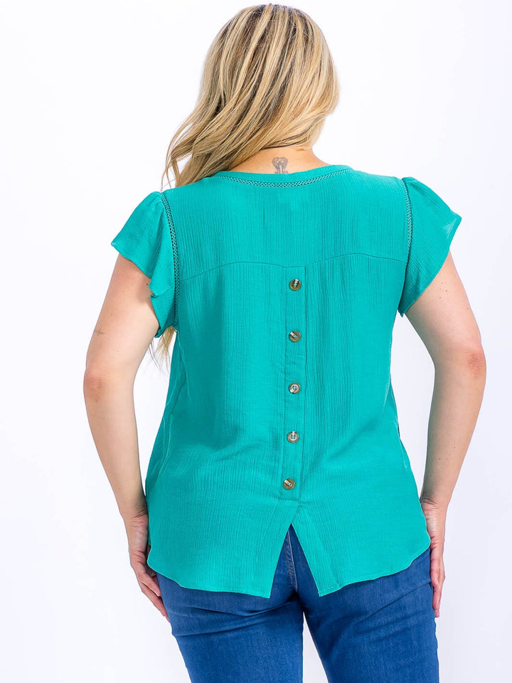 PLUS SIZE SHORT SLEEVE TRIM DETAILED BACK BUTTONS HIGH-LOW BLOUSE