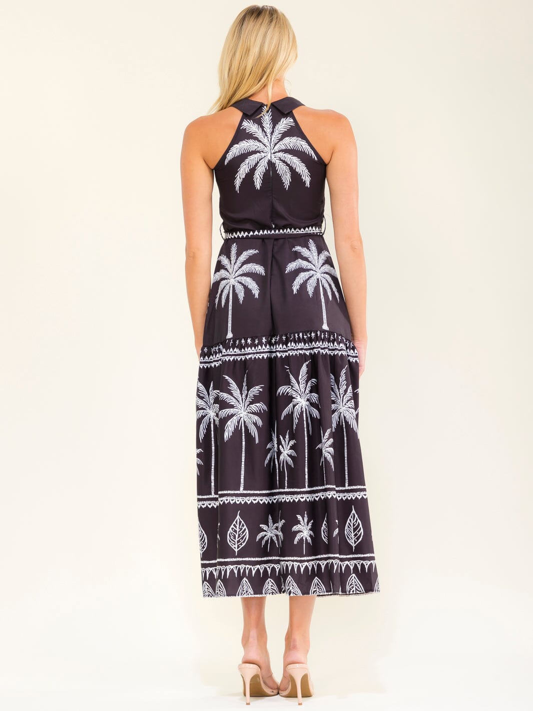 WOMEN'S SLEEVELESS HALTER NECK SELF TIE MULTI PRINT MAXI DRESS