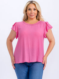 PLUS SIZE SHORT SLEEVE TRIM DETAILED BACK BUTTONS HIGH-LOW BLOUSE