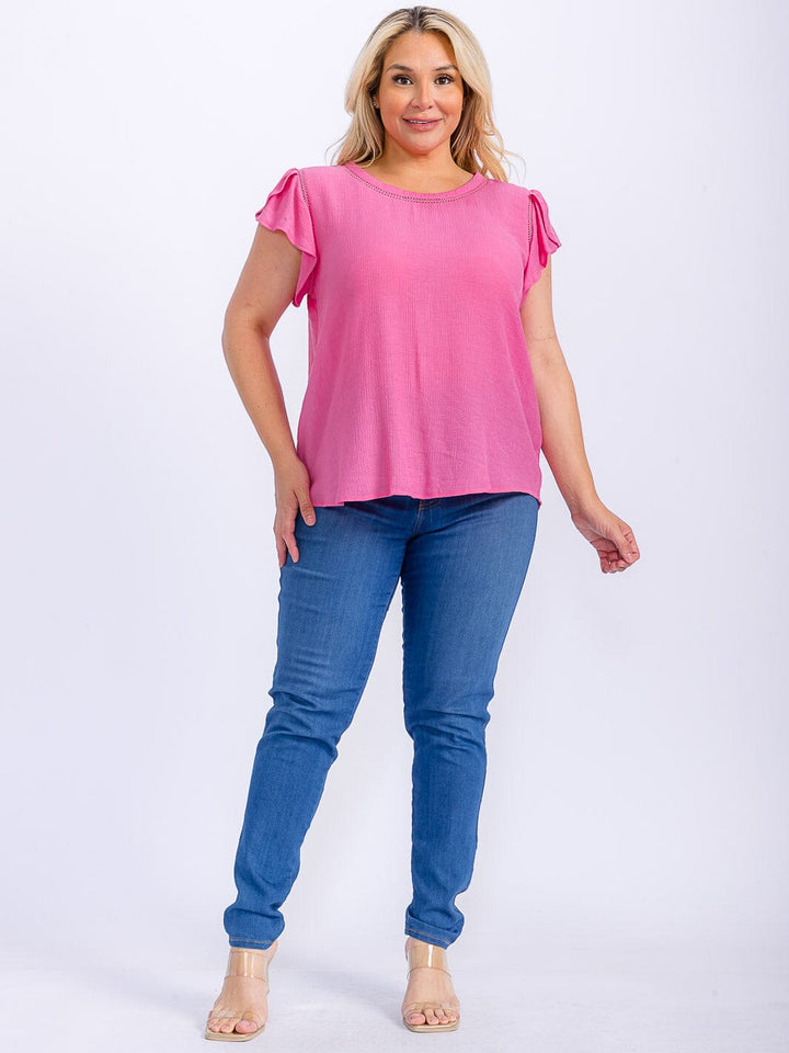 PLUS SIZE SHORT SLEEVE TRIM DETAILED BACK BUTTONS HIGH-LOW BLOUSE