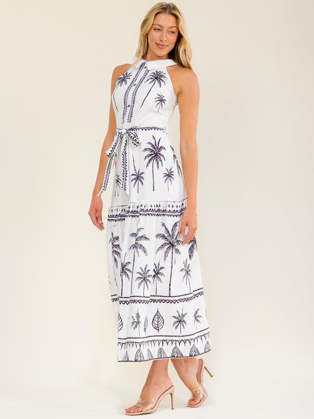 WOMEN'S SLEEVELESS HALTER NECK SELF TIE MULTI PRINT MAXI DRESS