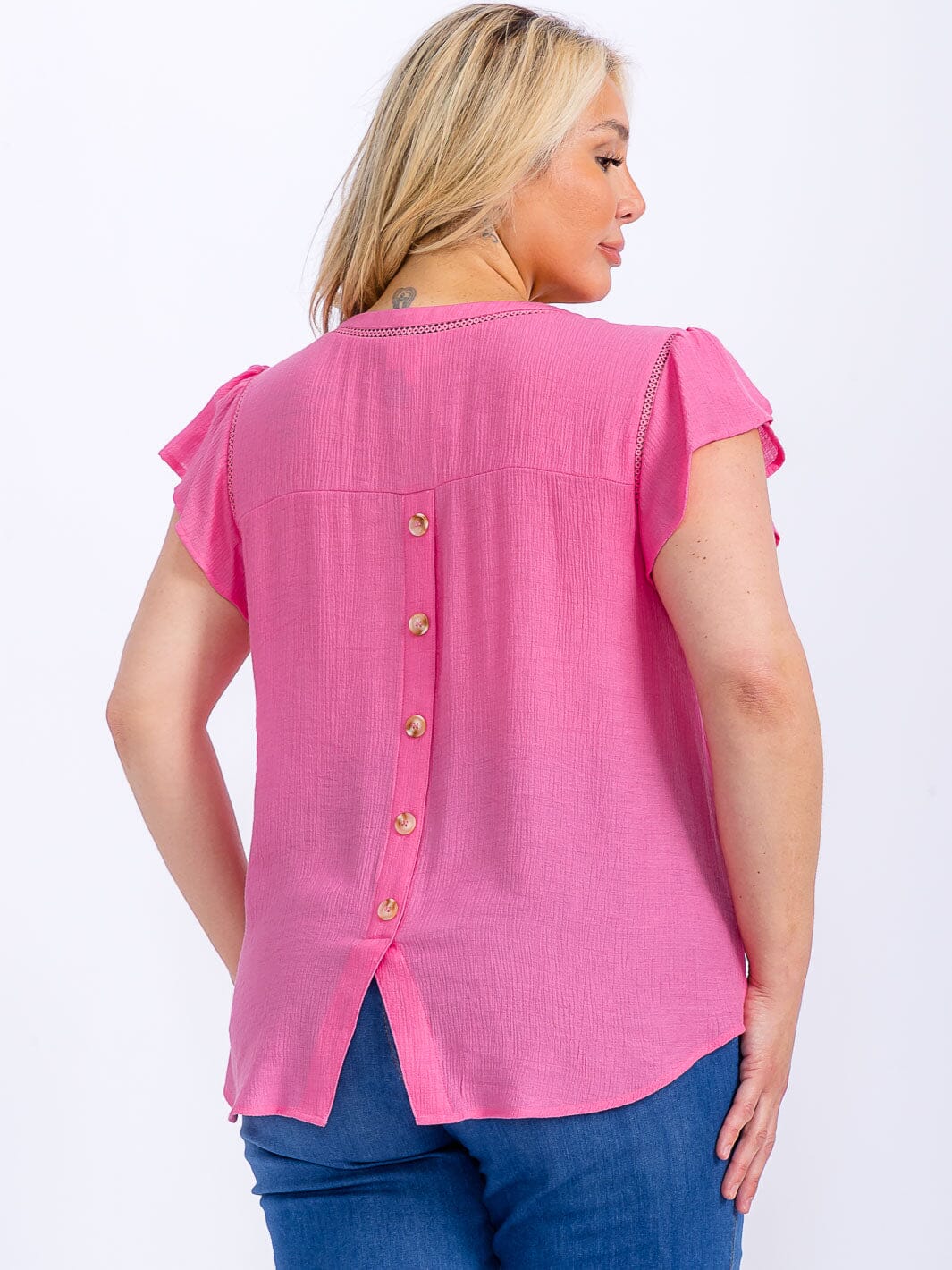 PLUS SIZE SHORT SLEEVE TRIM DETAILED BACK BUTTONS HIGH-LOW BLOUSE