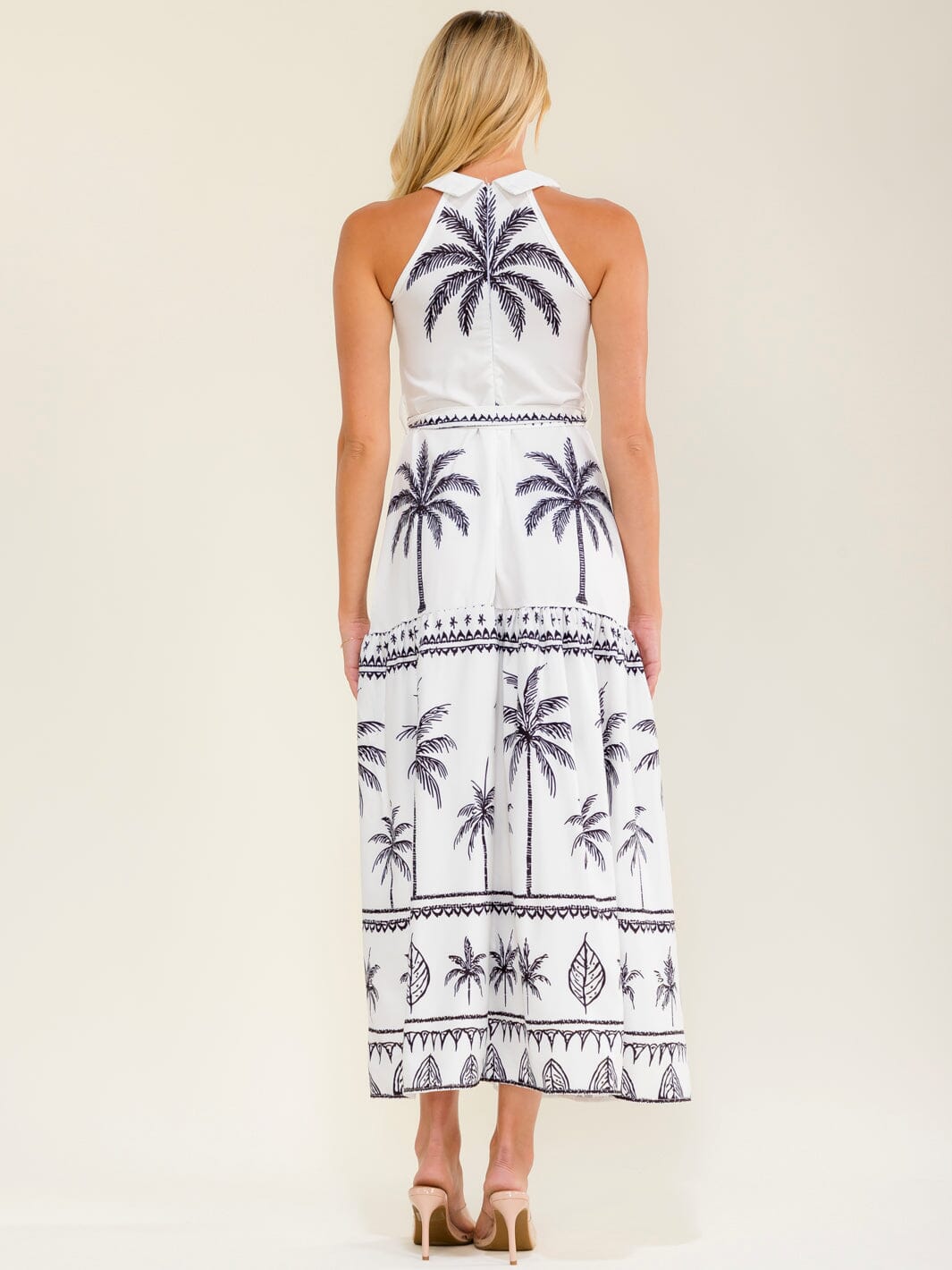 WOMEN'S SLEEVELESS HALTER NECK SELF TIE MULTI PRINT MAXI DRESS