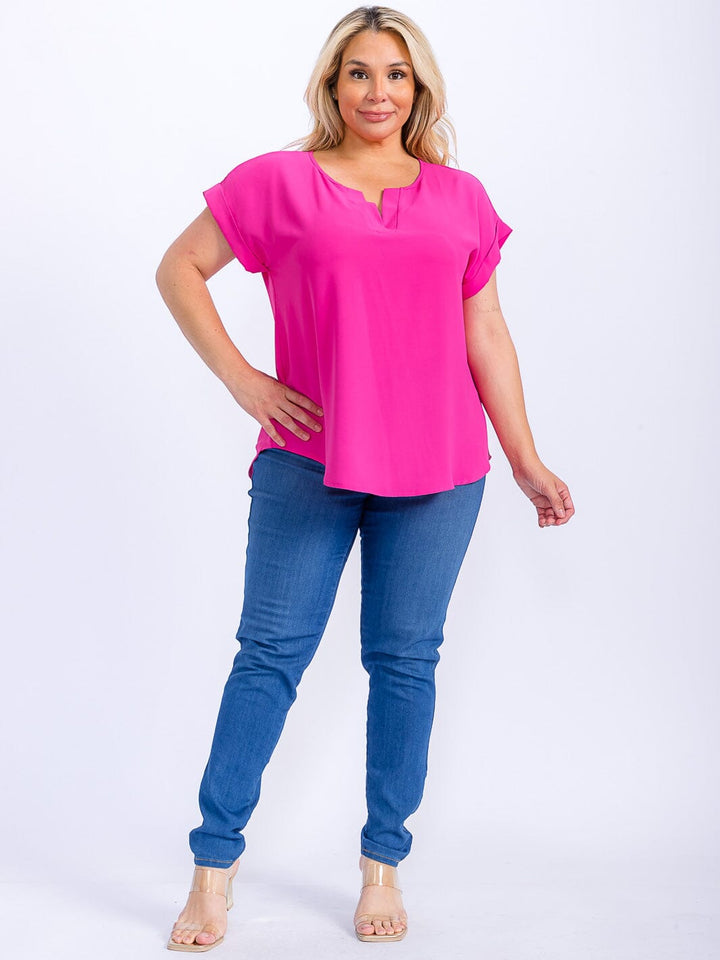 PLUS SIZE SHORT SLEEVE V-NECK BACK DETAILED HIGH-LOW BLOUSE