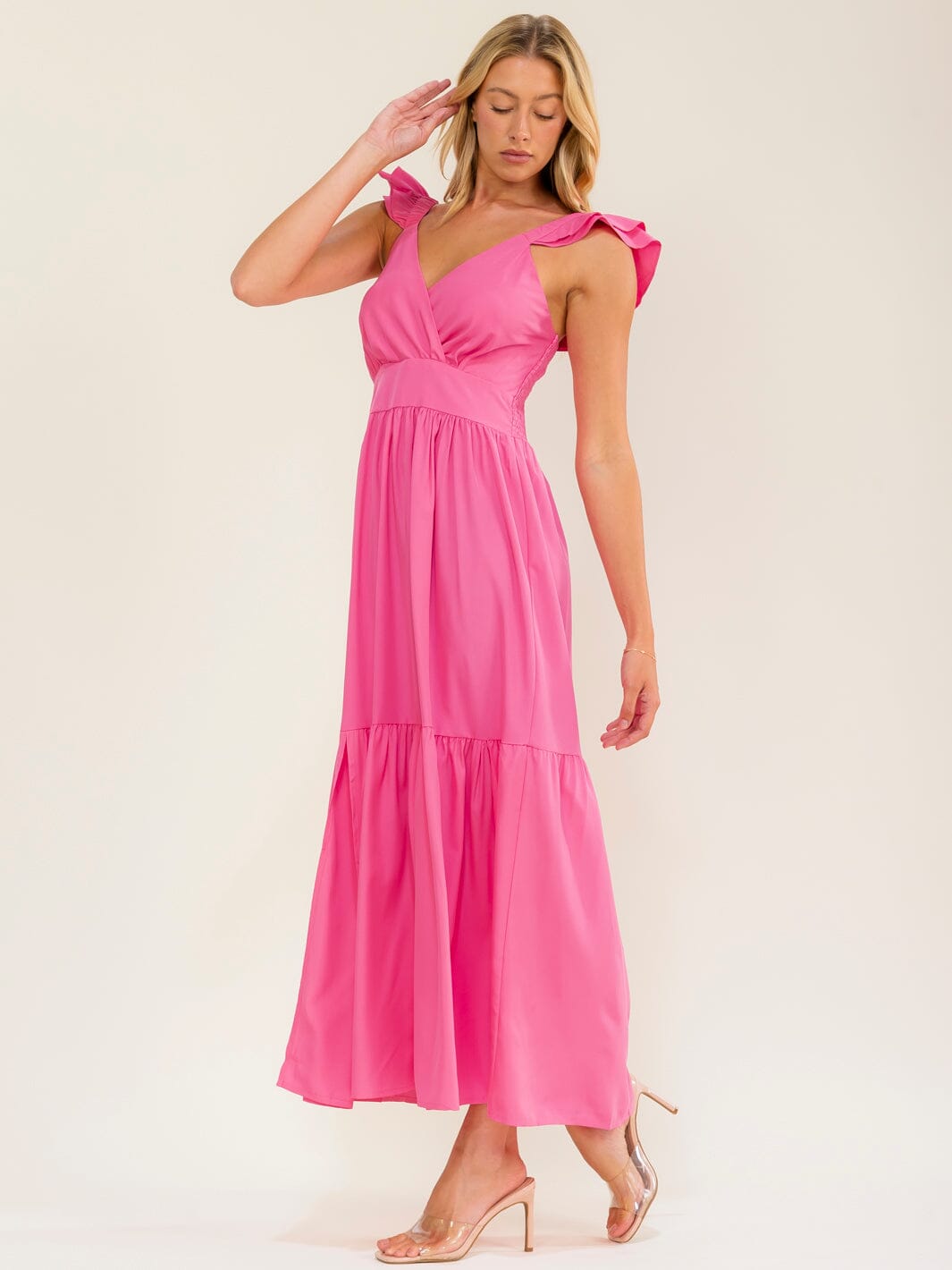 WOMEN'S SLEEVELESS SURPLICE SMOCK TIERED MAXI DRESS