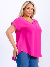 PLUS SIZE SHORT SLEEVE V-NECK BACK DETAILED HIGH-LOW BLOUSE