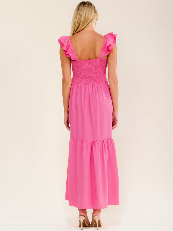 WOMEN'S SLEEVELESS SURPLICE SMOCK TIERED MAXI DRESS