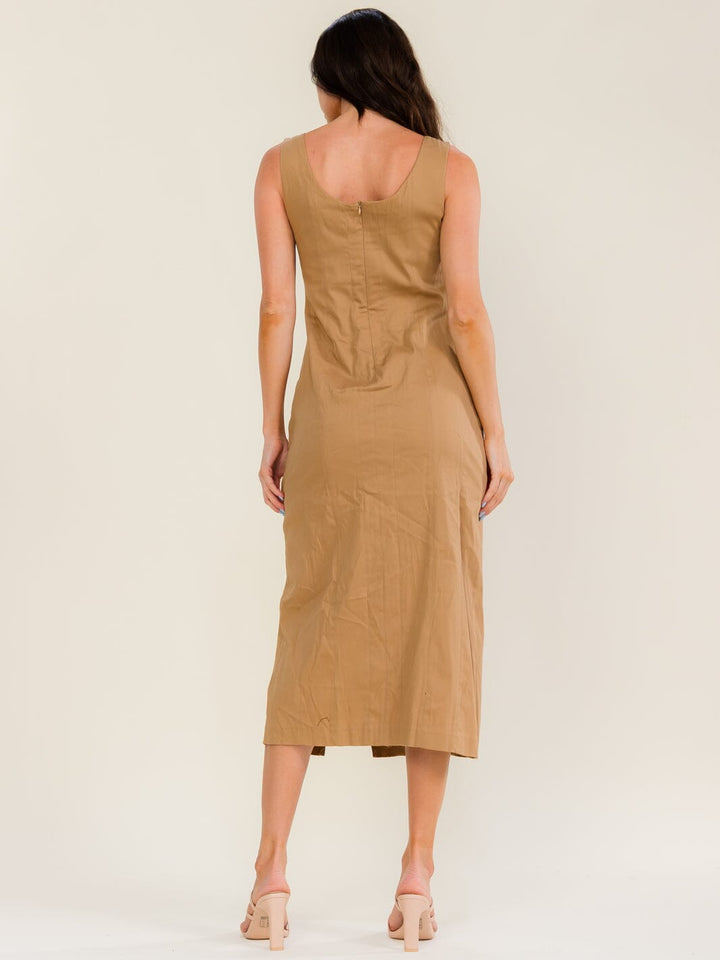WOMEN'S SLEEVELESS SQUARE NECK FRONT SLIT MIDI DRESS