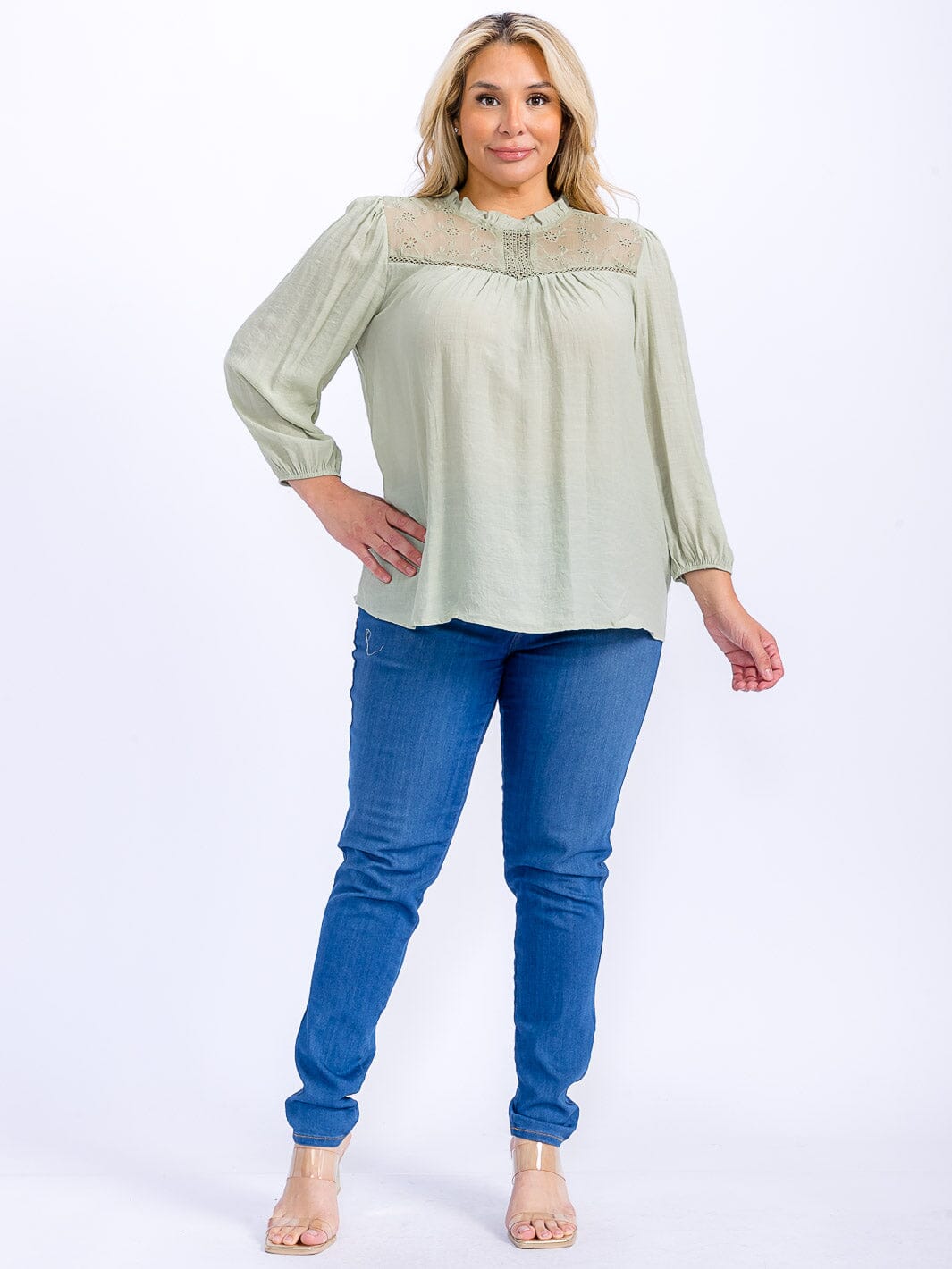 PLUS SIZE LONG SLEEVE LOOSE FIT LACE DETAILED BLOUSE