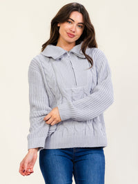 WOMEN'S LONG SLEEVE ZIP UP CABLE KNIT PULLOVER SWEATER