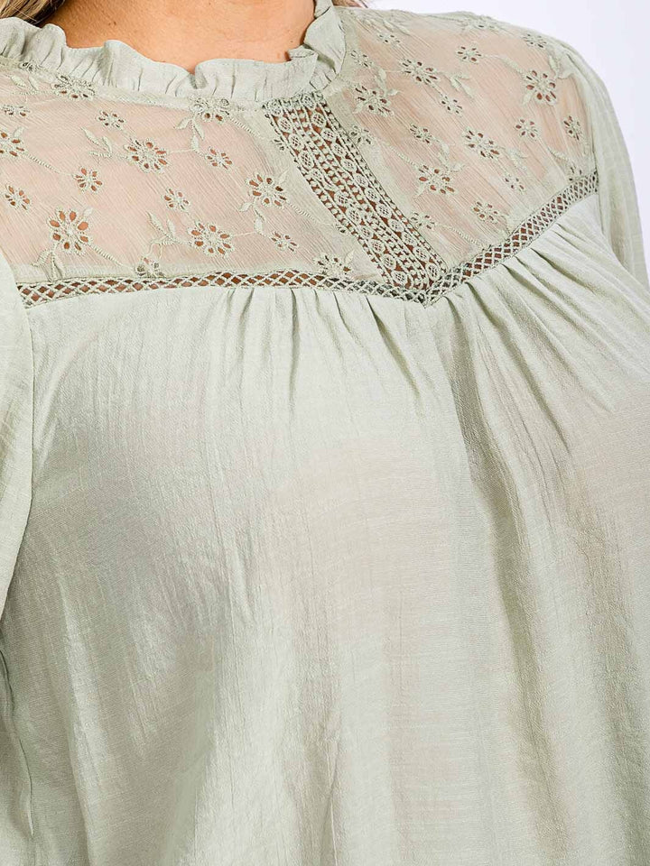 PLUS SIZE LONG SLEEVE LOOSE FIT LACE DETAILED BLOUSE