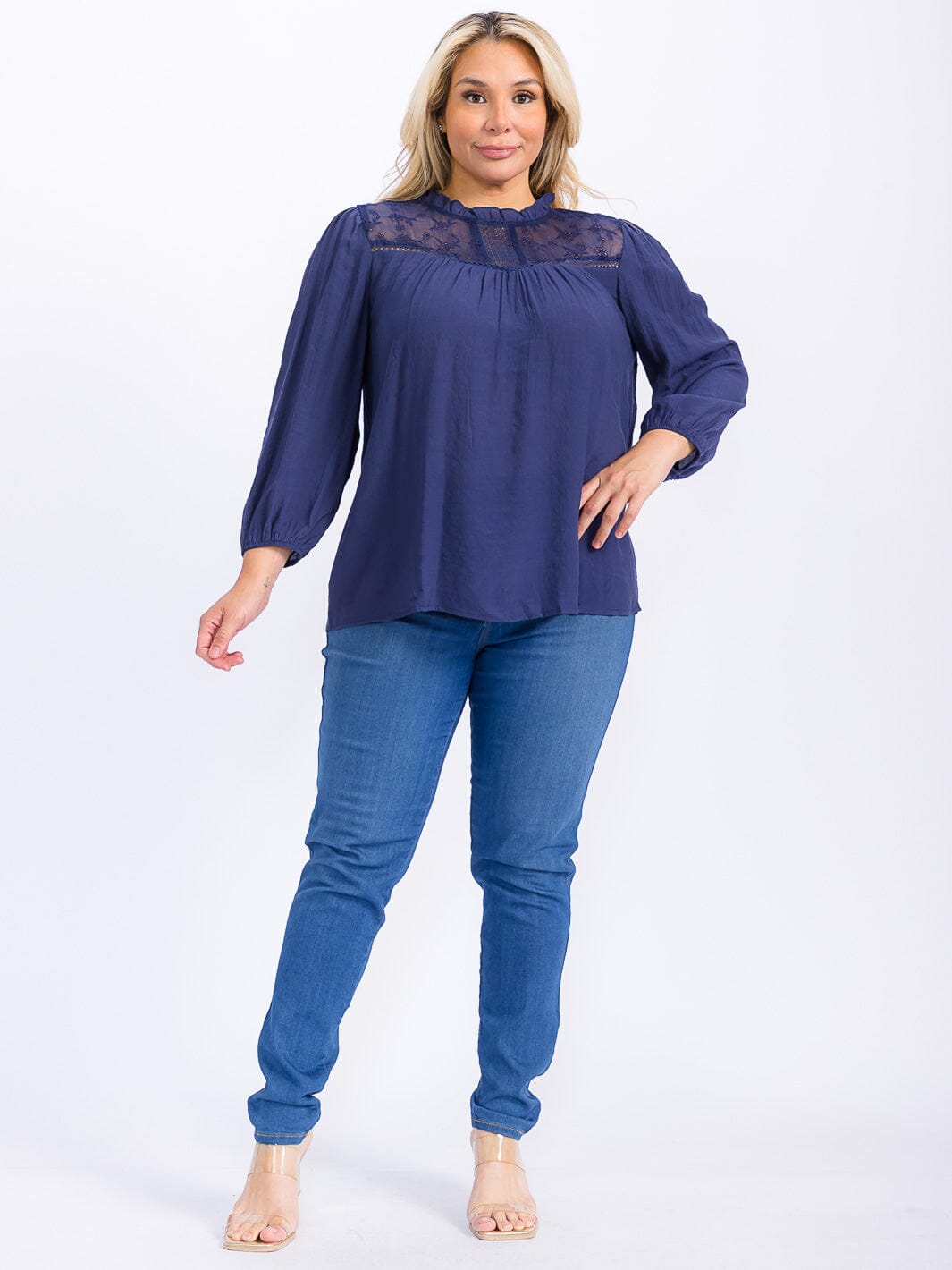 PLUS SIZE LONG SLEEVE LOOSE FIT LACE DETAILED BLOUSE