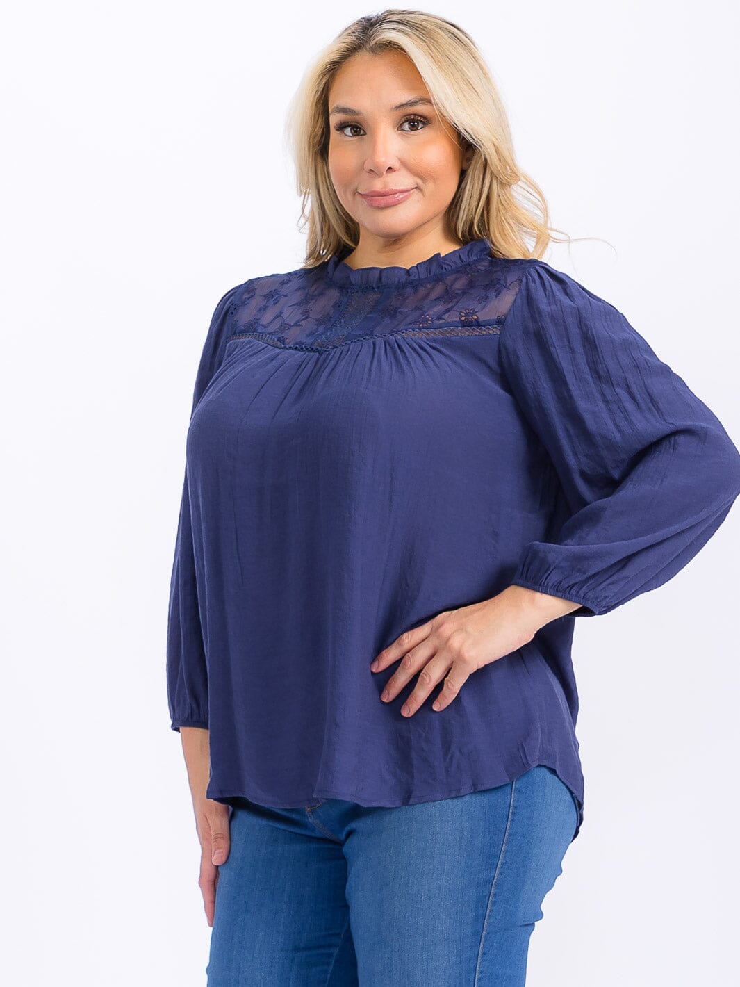 PLUS SIZE LONG SLEEVE LOOSE FIT LACE DETAILED BLOUSE