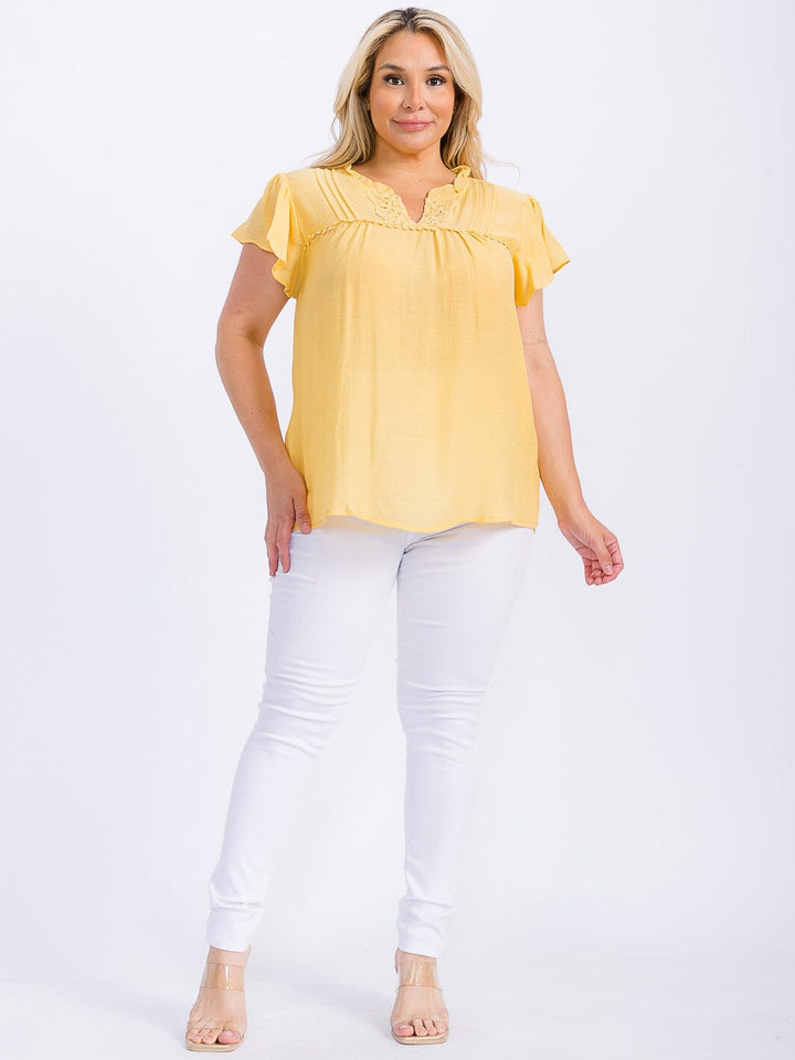 PLUS SIZE SHORT SLEEVE V-NECK DETAILED HIGH-LOW BLOUSE