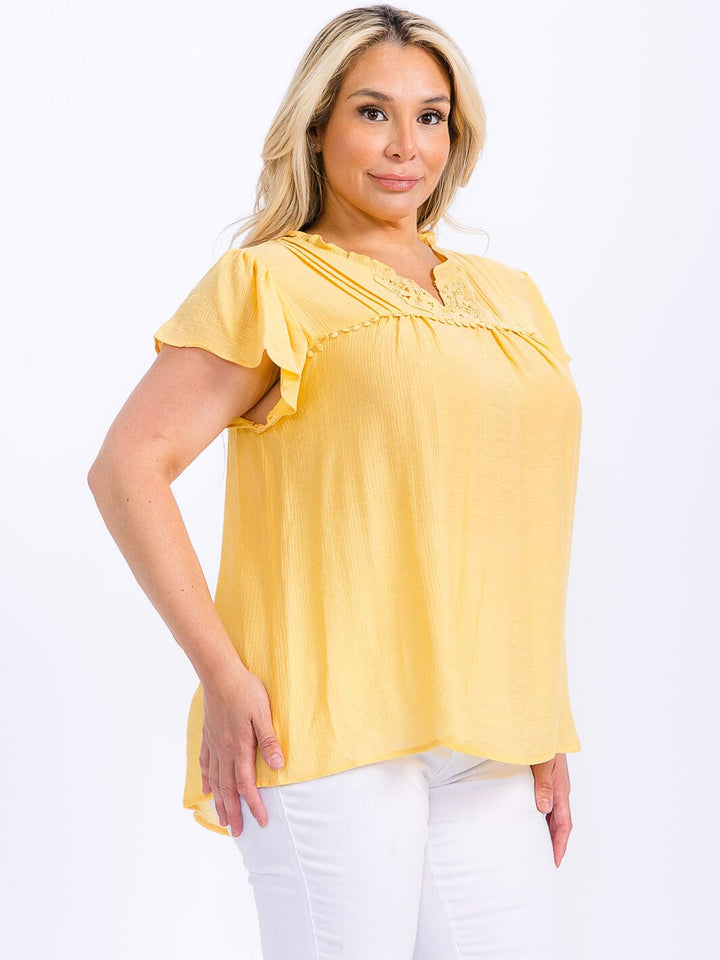 PLUS SIZE SHORT SLEEVE V-NECK DETAILED HIGH-LOW BLOUSE
