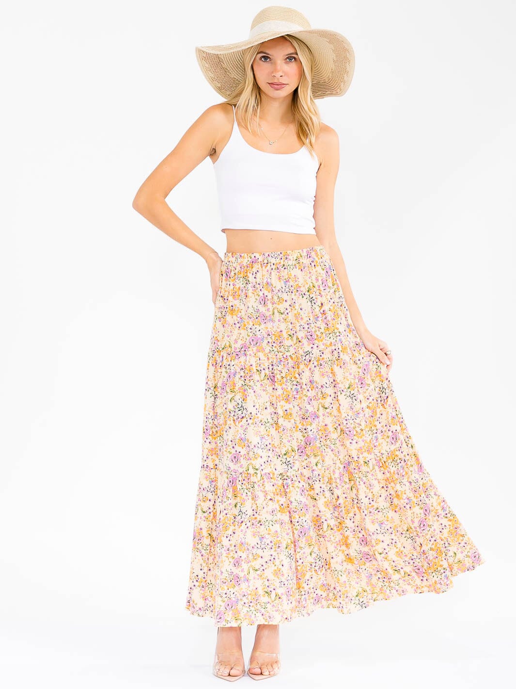 WOMEN'S ELASTIC WAIST TIERED FLORAL PRINT MAXI SKIRT