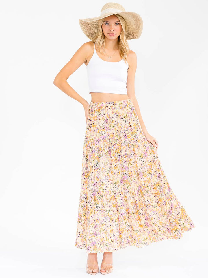 WOMEN'S ELASTIC WAIST TIERED FLORAL PRINT MAXI SKIRT