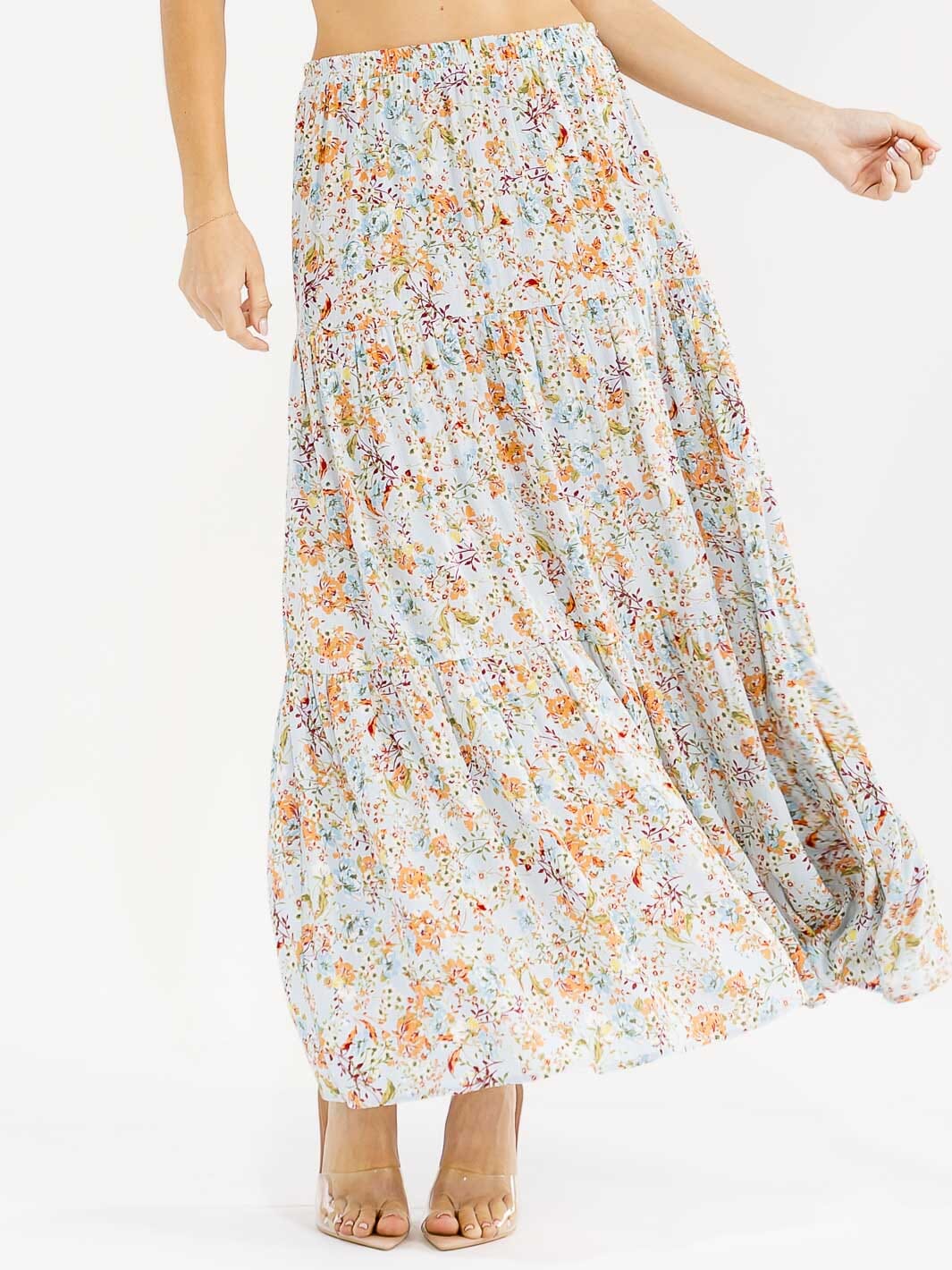 WOMEN'S ELASTIC WAIST TIERED FLORAL PRINT MAXI SKIRT