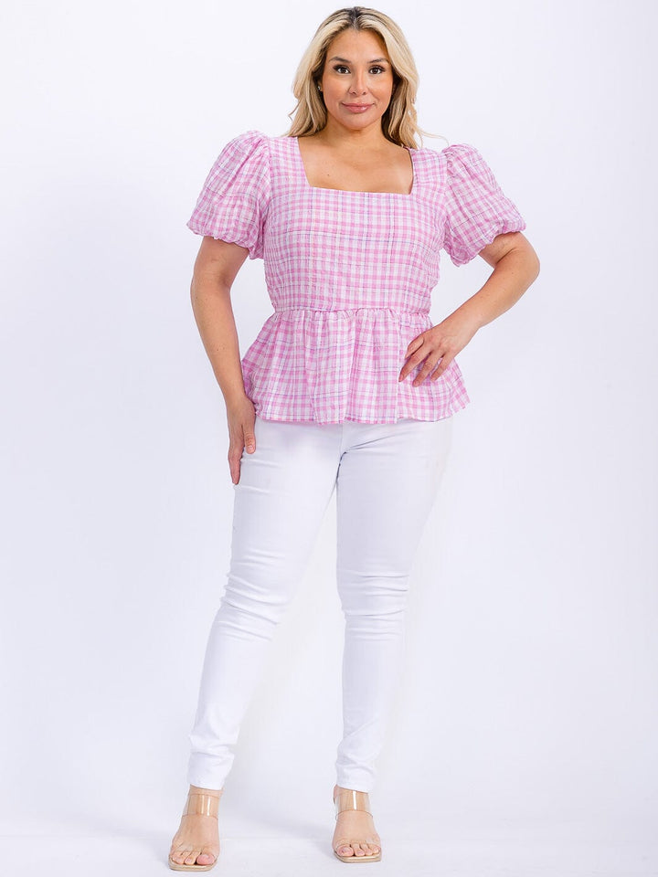 PLUS SIZE SHORT PUFF SLEEVE SQUARE NECK PLAID PEPLUM BLOUSE
