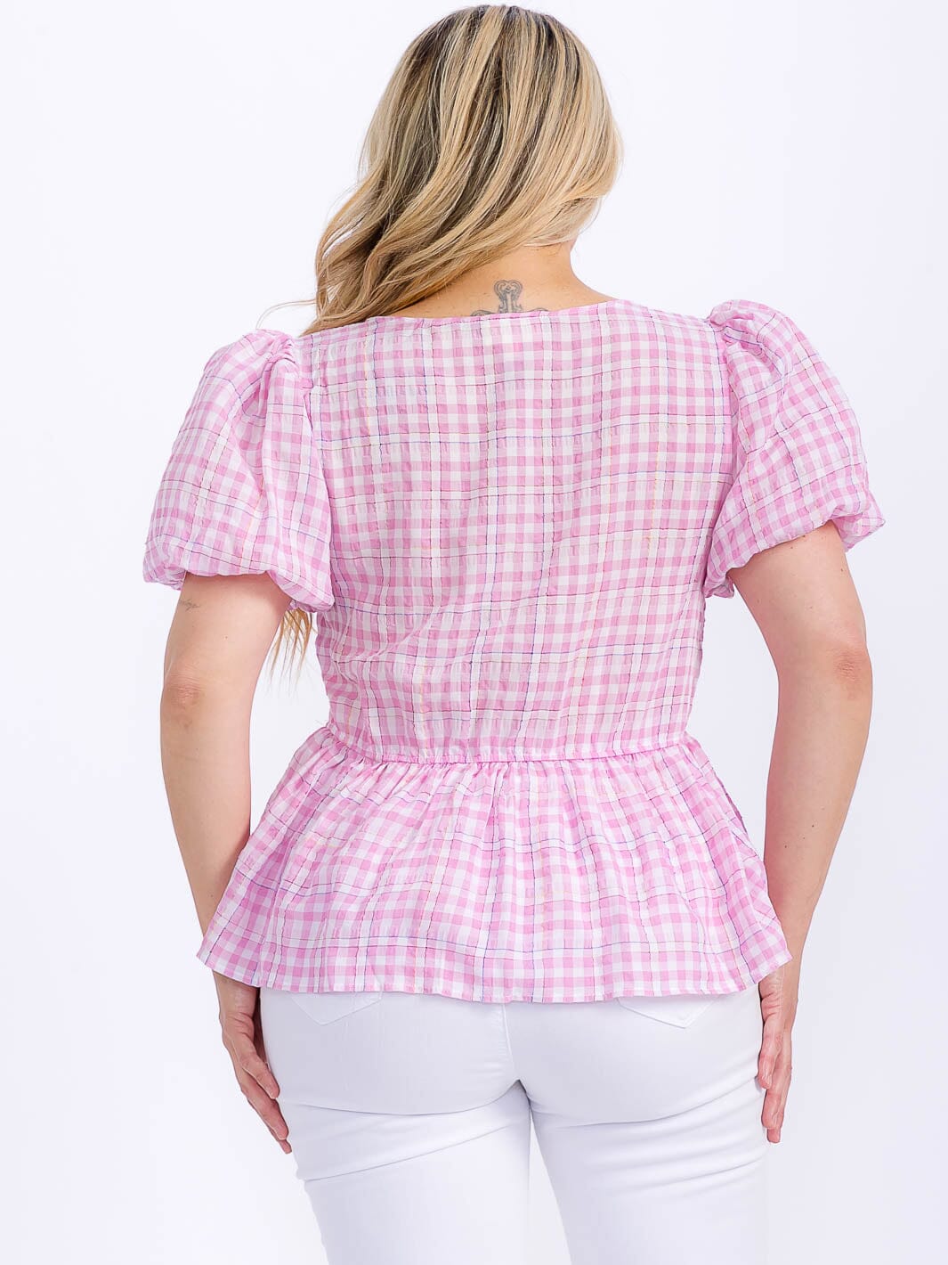 PLUS SIZE SHORT PUFF SLEEVE SQUARE NECK PLAID PEPLUM BLOUSE