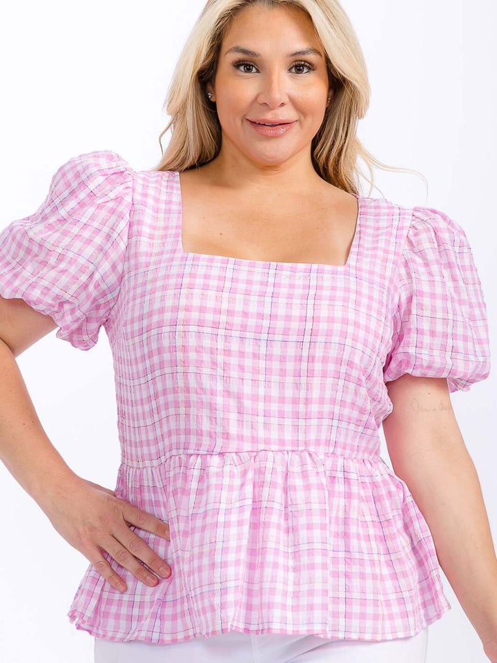 PLUS SIZE SHORT PUFF SLEEVE SQUARE NECK PLAID PEPLUM BLOUSE