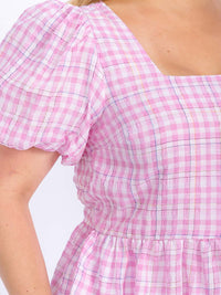 PLUS SIZE SHORT PUFF SLEEVE SQUARE NECK PLAID PEPLUM BLOUSE