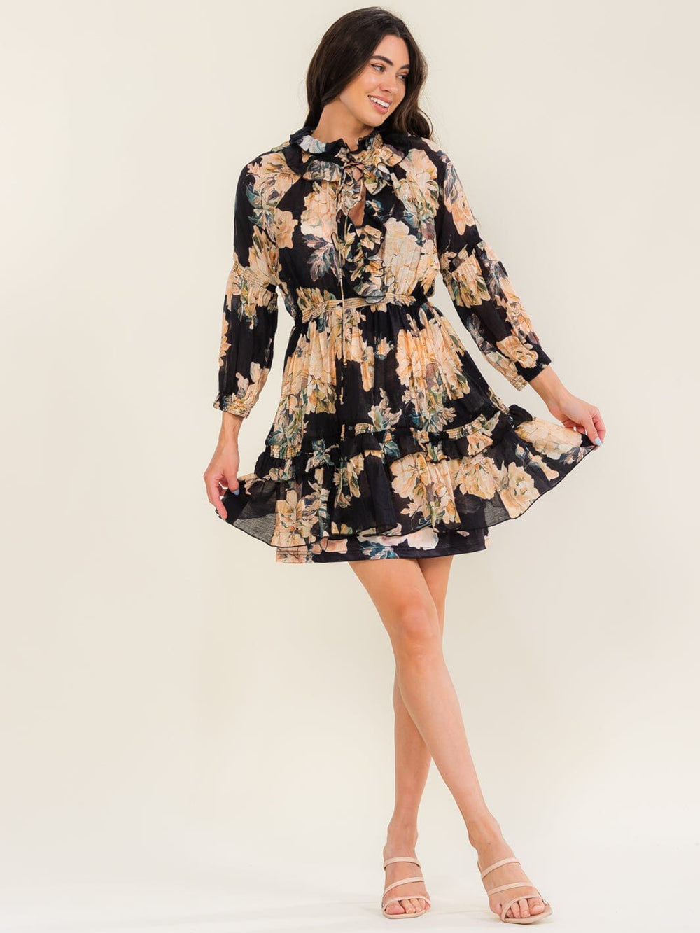 BEULAH WOMEN'S LONG SLEEVE V-NECK ELASTIC WAIST FLORAL MINI DRESS