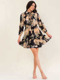BEULAH WOMEN'S LONG SLEEVE V-NECK ELASTIC WAIST FLORAL MINI DRESS