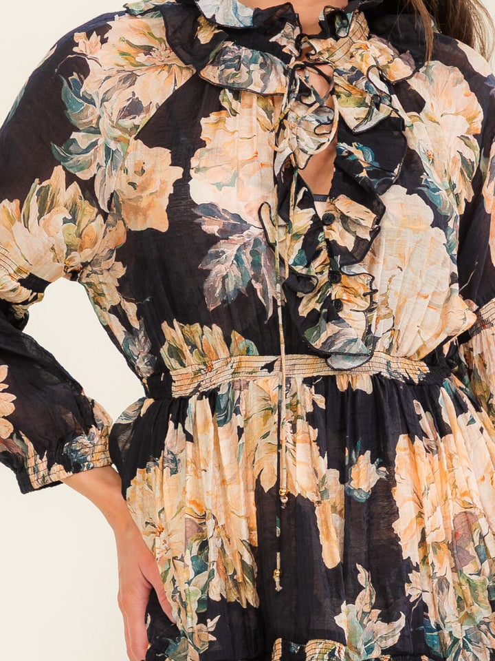 BEULAH WOMEN'S LONG SLEEVE V-NECK ELASTIC WAIST FLORAL MINI DRESS