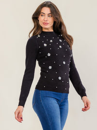 WOMEN'S LONG SLEEVE PEARL FLOWERS DETAILED PULLOVER SWEATER
