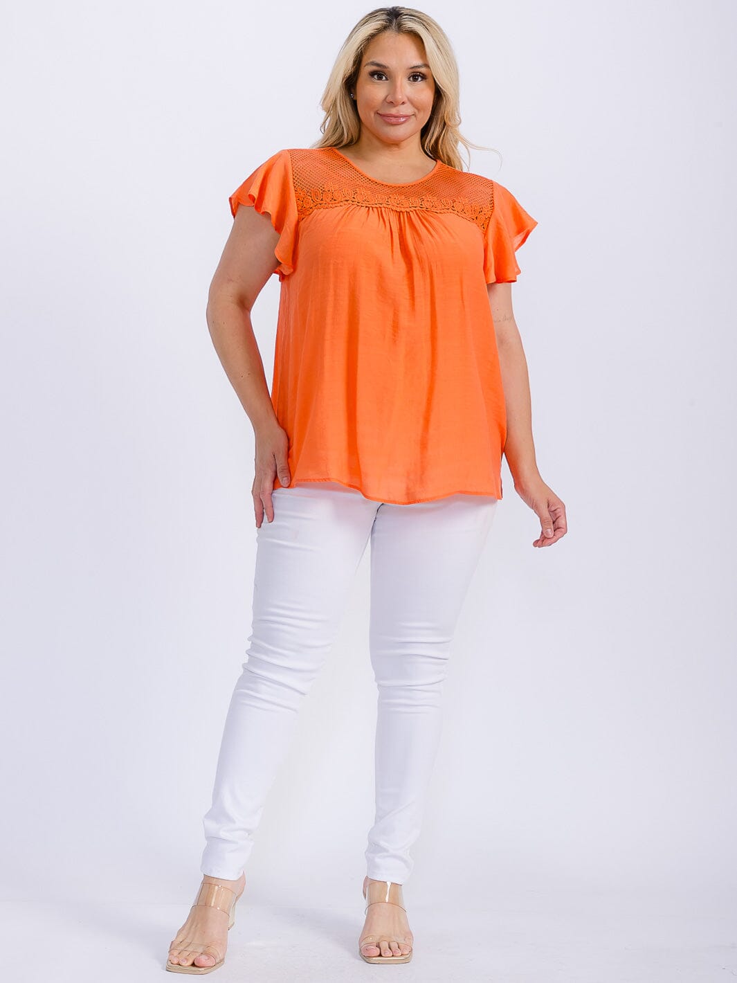 PLUS SIZE SHORT RUFFLE SLEEVE CROCHET DETAILED BLOUSE