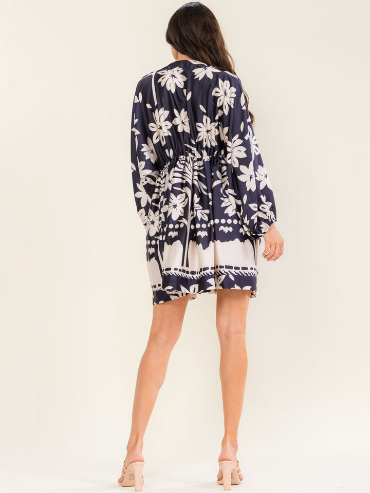 BEULAH WOMEN'S LONG SLEEVE V-NECK BUTTON UP FLORAL MINI DRESS